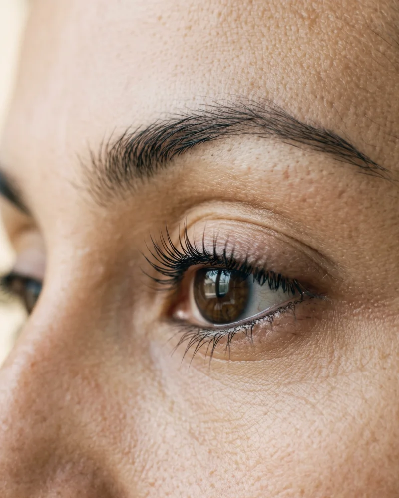 Close-up van een oog met gelifte wimpers en een verzorgde wenkbrauw.
