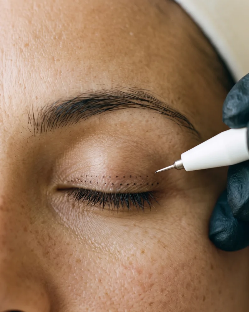 Fibroblast ion pen behandeling: de pen werkt nauwkeurig langs het bovenooglid.